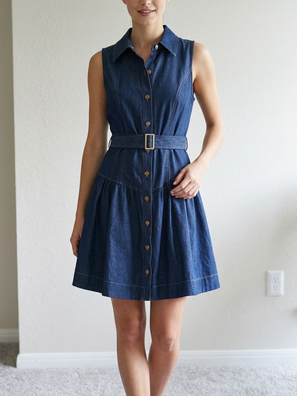 Shelby & Palmer Navy Blue Sleeveless Denim Shirt Dress with Belt